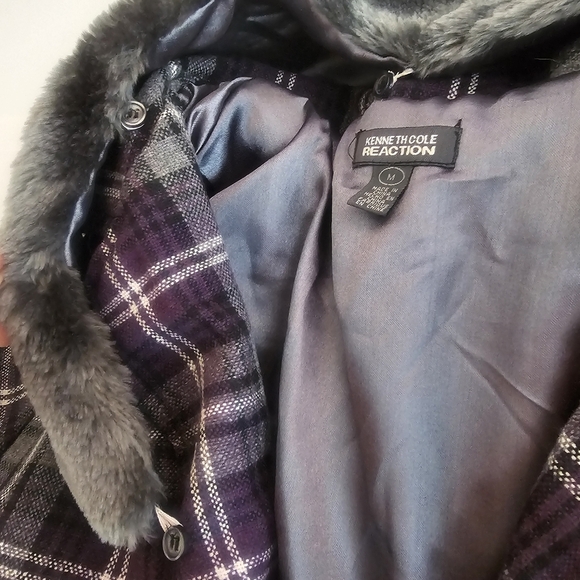 Kenneth Cole Reaction Plaid Coat with Faux Fur Collar Purple Gray Winter Warm - Picture 9 of 15